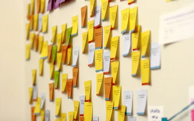 Yellow sticky notes arranged in columns on a pale office wall