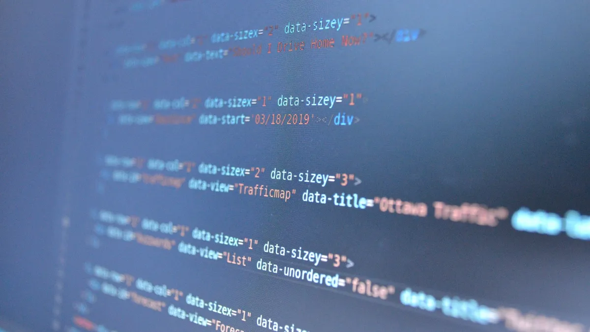 Web page code blurred on a dark blue screen