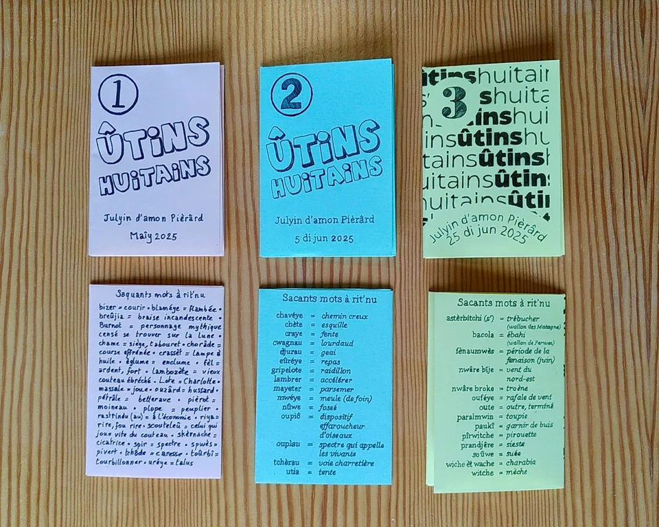 Three stapled zines in pastel covers laid out on a wooden table