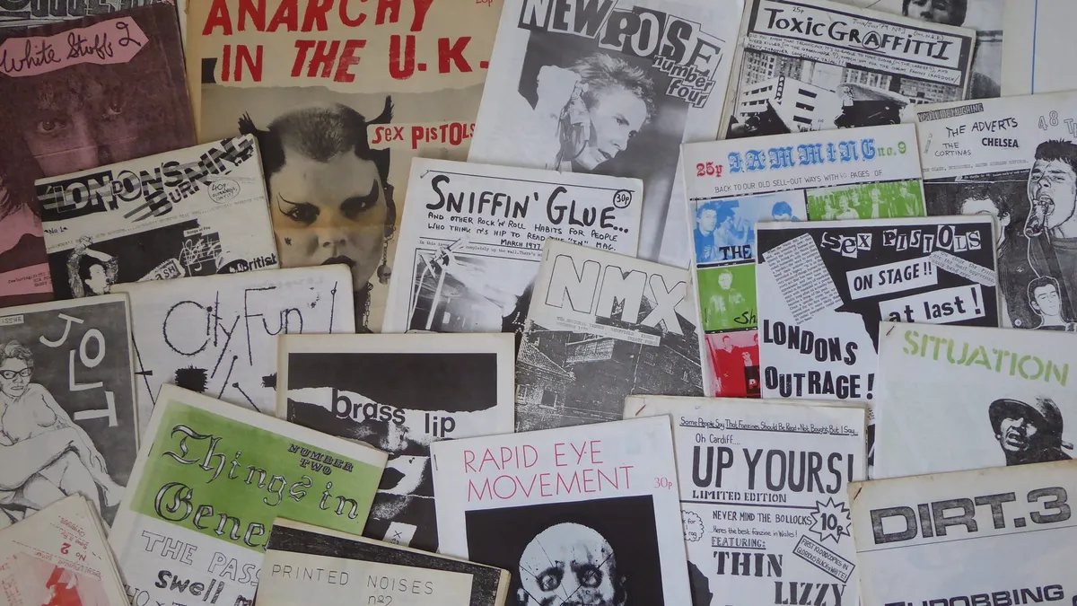 A spread of 1970s punk fanzines with hand-drawn covers