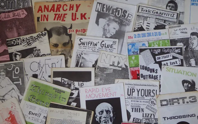 A spread of 1970s punk fanzines with hand-drawn covers
